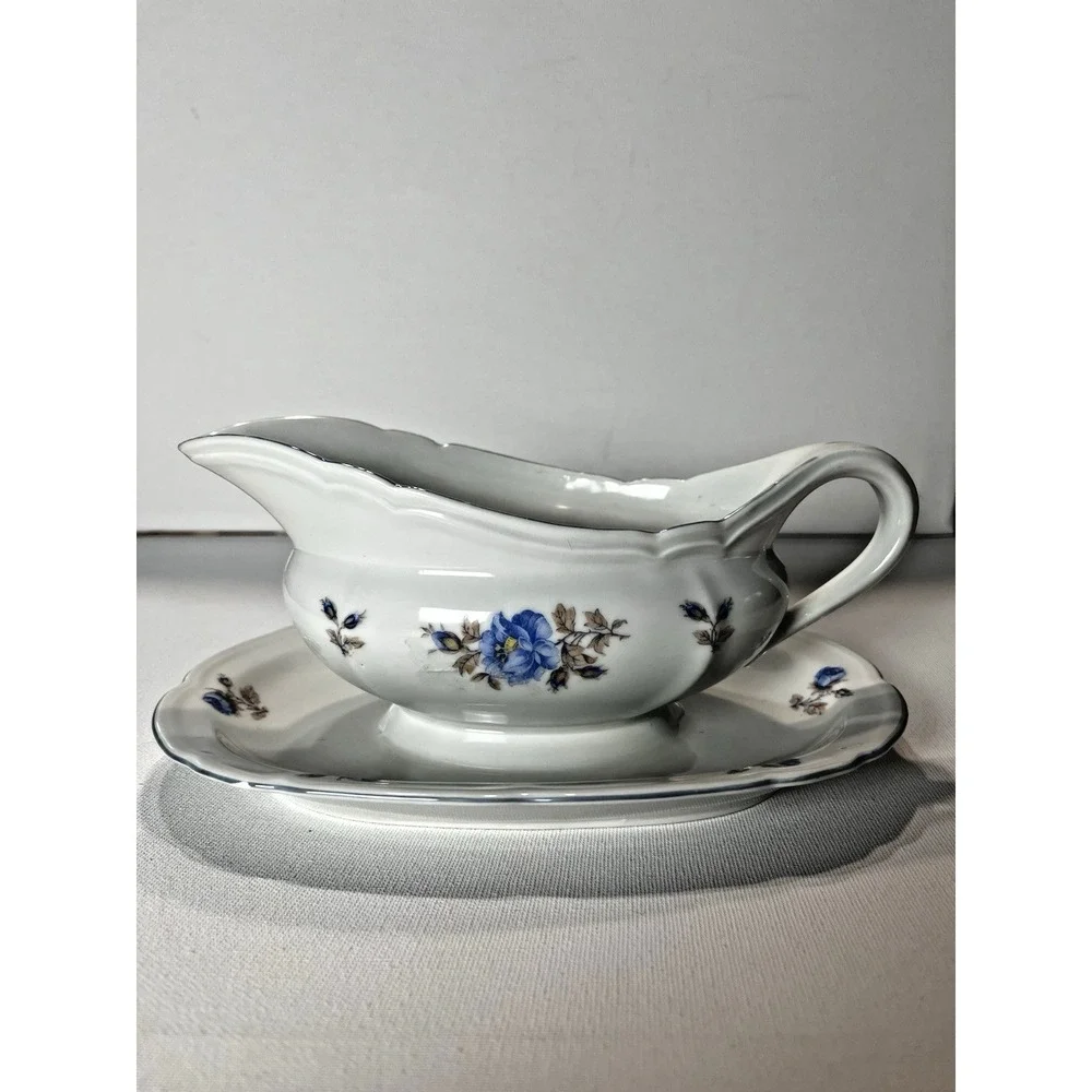 Vintage Edelstein Bavaria‎ Gravy Boat w/ Attached Underplate Blue Floral 🇩🇪